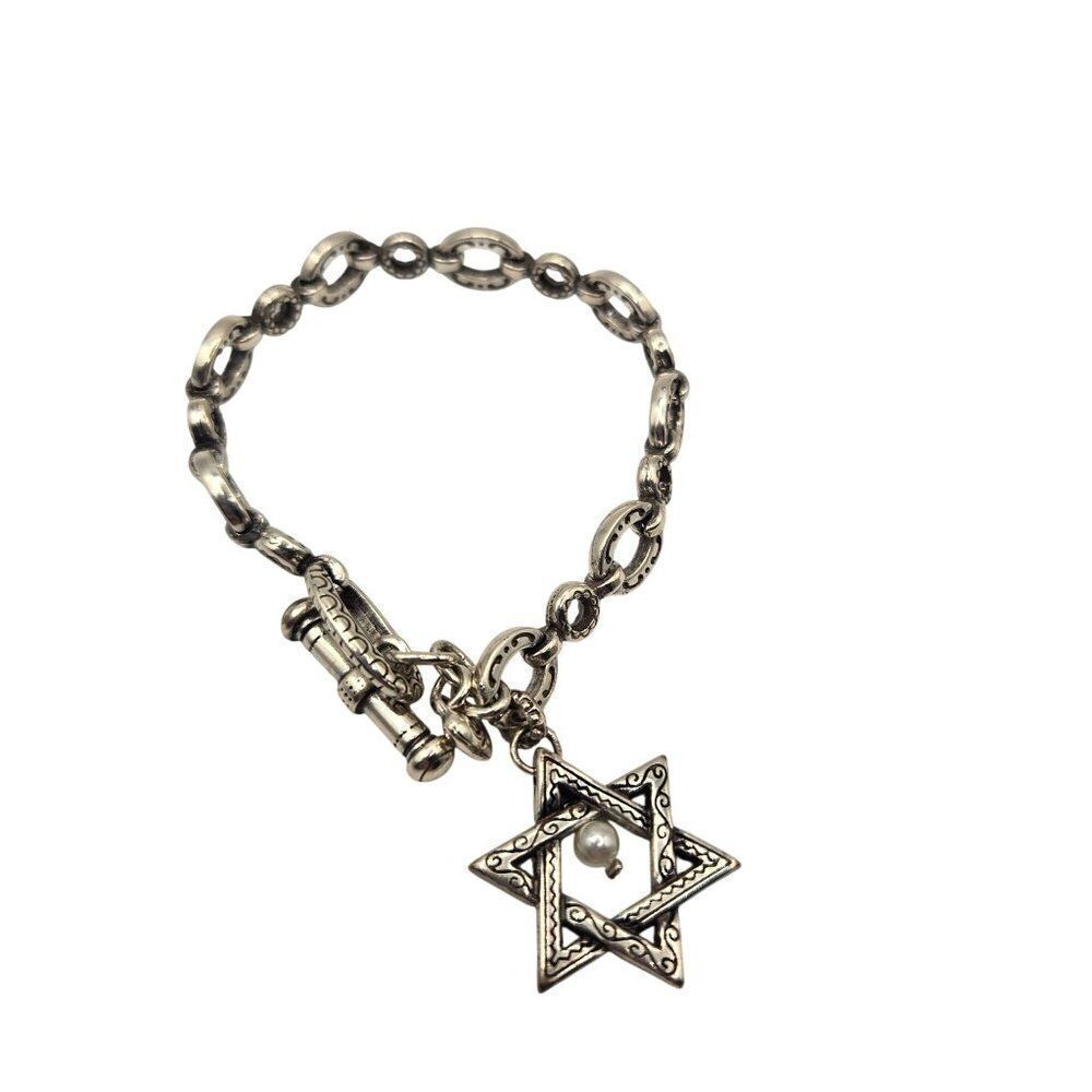 Brighton Silver Bracelet Star Of David Pearl Charm Toggle Clasp Horseshoe Link